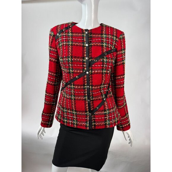 Conrad C Collection Womens Red Plaid Tweed Blazer Jacket Size 6 Silk Blend - Picture 7 of 16